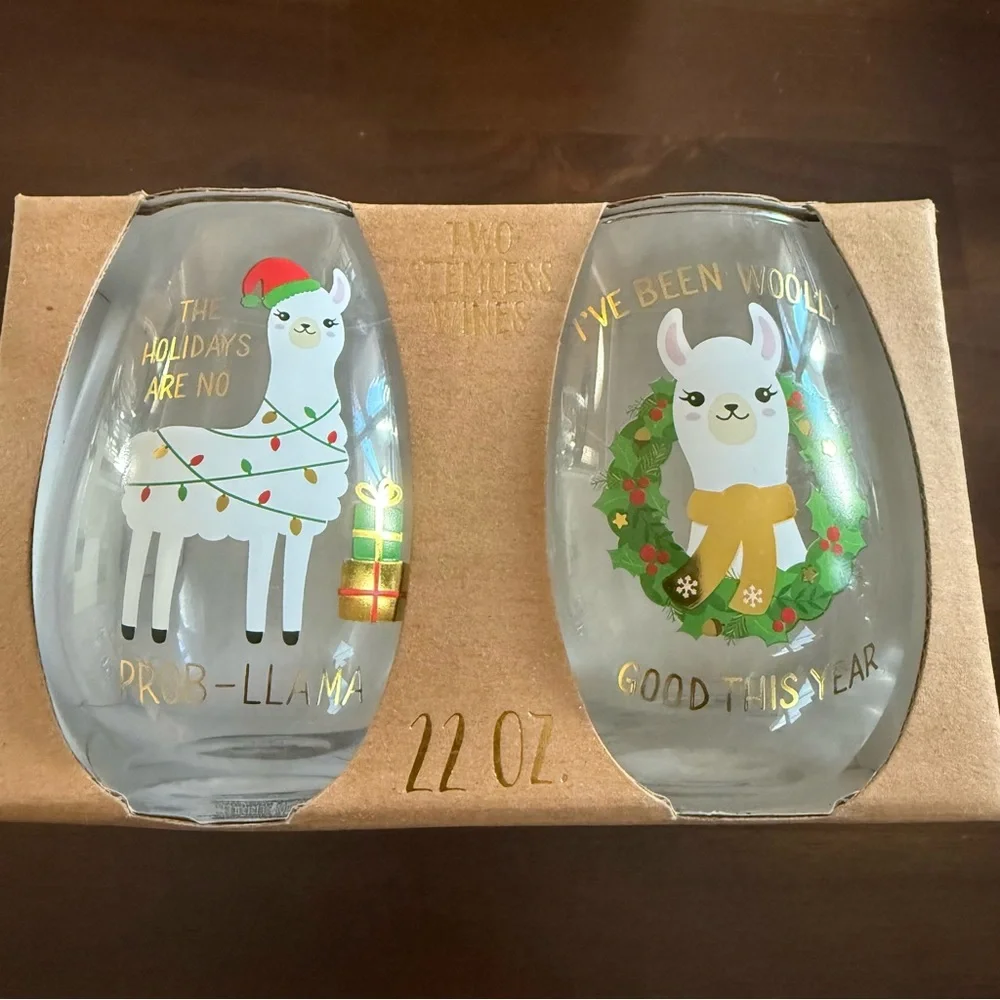 ❤️ Festive Llama Stemless Wine Glass Set